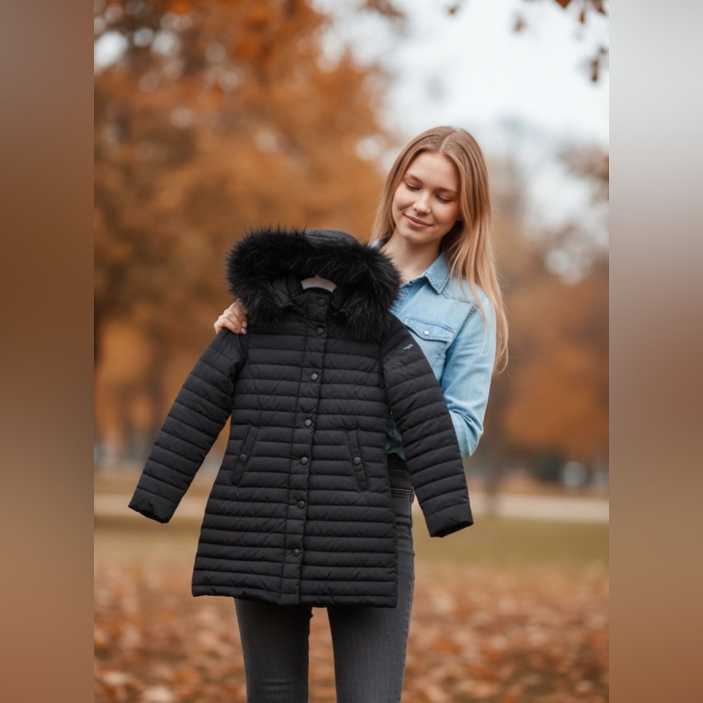 Emporio Armani Quilted Black Puffer Coat with Fur Hood